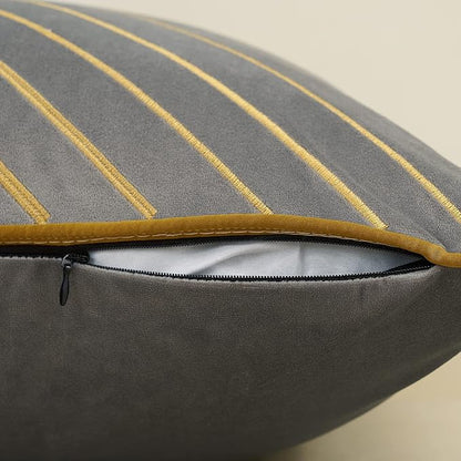 Avigers 12 x 20 Inch Grey Gold Striped Geometric Lines Embroidery Velvet Cushion Case Luxury Modern Lumbar Throw Pillow Cover Decorative Pillow for Couch Living Room Bedroom Car 30 x 50cm