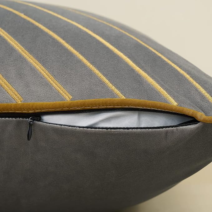 Avigers 20 x 20 Inch Grey Gold Striped Geometric Lines Embroidery Velvet Cushion Case Luxury Modern Throw Pillow Cover Decorative Pillow for Couch Living Room Bedroom Car 50 x 50cm