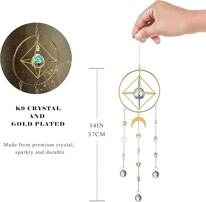 HDCRYSTALGIFTS Crystal Suncatcher, Window Suncatcher Prism Hanging Sun Catcher Rainbow Crystals Indoor Outdoor Decor Glass Christmas Ornaments Gifts,23inch