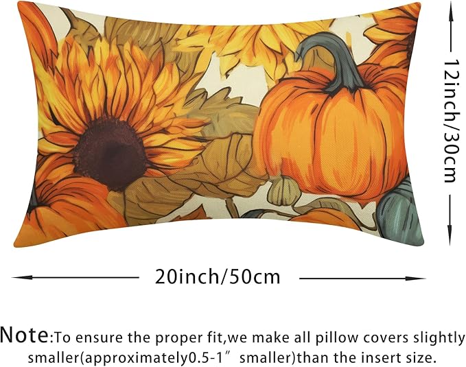 Pumpkin Fall Lumbar Pillow Covers 12x20 Set of 2 Burnt Orange Autumn Thanksgiving Pillow Cases Sunflower Outdoor Decorative Holiday Cushion Cover Rustic Decoration Farmhouse Home Sofa Couch Bed Decor