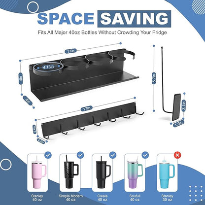 Magnetic Cup Holder for Fridge with 6 Storage Hooks and Tumbler Lid Organizer - Fits 20/30/40 oz Tumblers (Stanley, Owala, Yeti) Strong Magnetic Design - Kitchen Water Bottle Storage Rack