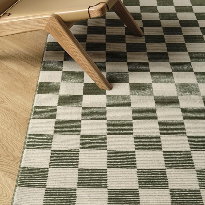 Revival Rugs Gambit 3'x5' Checkered Rug Machine Washable Area Rug for Kitchen Bedroom - 100% Recycled Oeko-TEX Certified, Medium Pile, Green, Beige