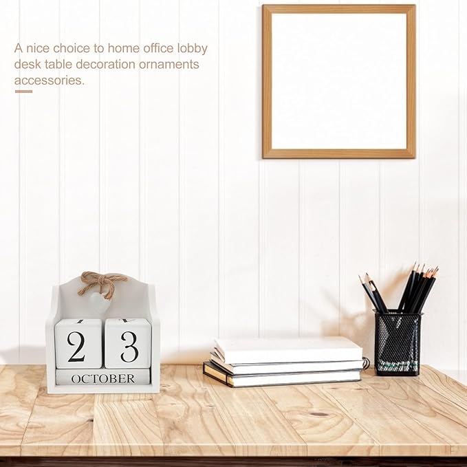 ULTNICE Wooden Perpetual Calendar Decorative Block for Home and Office Rustic European Style Date Display with White Finish Ideal Photography Prop and Desk Accessory (5.7 X 5.9 in)