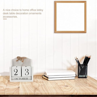 ULTNICE Wooden Perpetual Calendar Decorative Block for Home and Office Rustic European Style Date Display with White Finish Ideal Photography Prop and Desk Accessory (5.7 X 5.9 in)