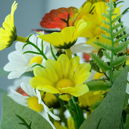 HOSY Artificial Daisy Bouquet in Glass Vase with Fairy Lights, Silk Flower and Butterfly Arrangements for Table Centerpiece Decoration (Daisy)