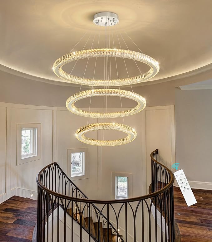 3 Rings Modern LED Chandelier Crystal Dimmable Large Foyer Chanderliers Entryway High Ceiling for Staircase Pendant Lights for Living Room Silver Light
