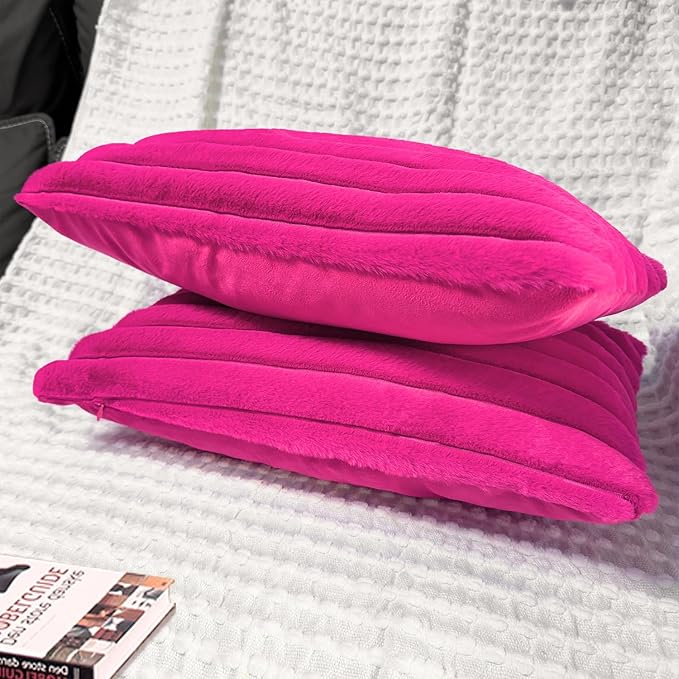 2 Pack 12x20 Pillow Cover Velvet Pillow Covers, Faux Fur Oblong Throw Pillow Covers for Living Room Decorations Throw Pillow Case, Throw Pillow Cover Cushion Cover for Home Sofa Bedroom Car, Hot Pink