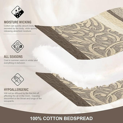 Lightweight King Bedspreads 120x120, 100% Cotton Oversized Quilt, Striped Botanical Pattern Coverlet, Reversible Farmhouse Quilted Bedding Set 3 Piece, Brown/Taupe/Cream