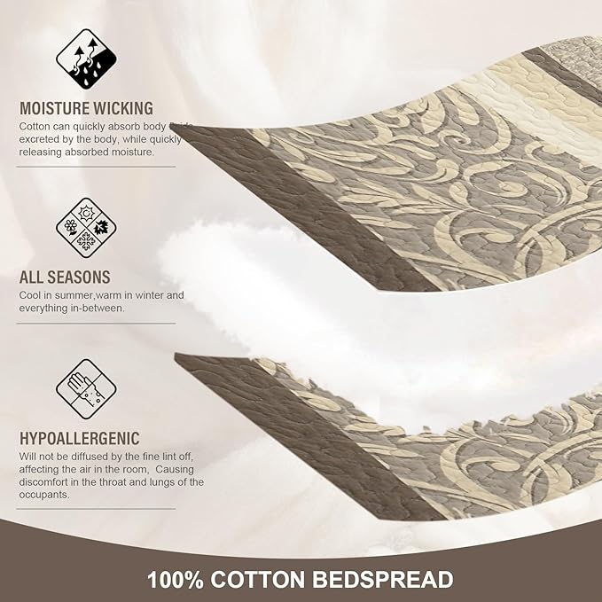 Lightweight Queen Bedspreads 120x102, 100% Cotton Oversized Quilt, Striped Botanical Pattern Coverlet, Reversible Farmhouse Quilted Bedding Set 3 Piece, Brown/Taupe/Cream