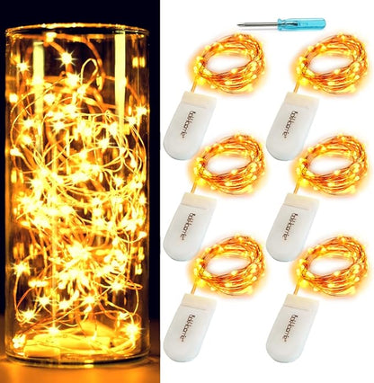 OakHaomie 6-Pack 7Ft Starry String Light No Remote Fairy String Lights 20 Micro Starry LEDs On Copper Wire CR2032 Batteries Included,DIY Wedding Centerpiece,Party,Christmas Table Decor (Amber)