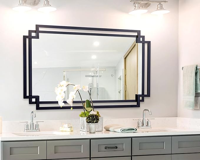 32" x 47" Large Wall Mirror for Living Room Decor, Black Decorative Mirror with Irregular and Rectangular Metal Frame, Horizontal/Vertical Hanging Mirror for Bathroom, Entrance