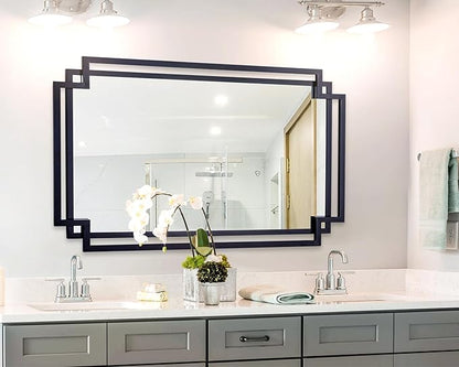 32" x 47" Large Wall Mirror for Living Room Decor, Black Decorative Mirror with Irregular and Rectangular Metal Frame, Horizontal/Vertical Hanging Mirror for Bathroom, Entrance