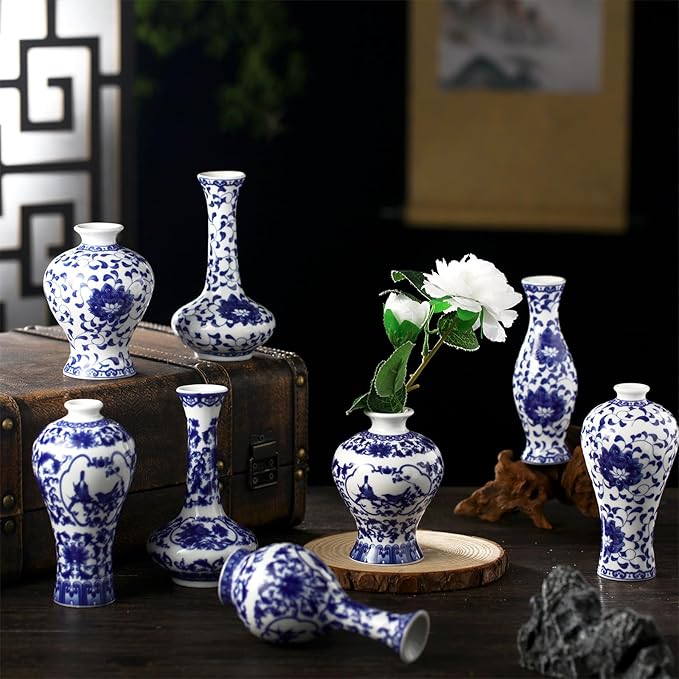 Dandat 8 Pcs Mini Chinoiserie Bud Vases Ceramic Blue and White Floral Chinese Porcelain Vase Set for Shelf Table Centerpieces Home Decor(Rustic)