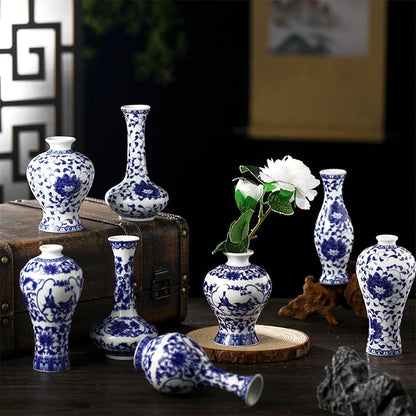 Dandat 8 Pcs Mini Chinoiserie Bud Vases Ceramic Blue and White Floral Chinese Porcelain Vase Set for Shelf Table Centerpieces Home Decor(Rustic)