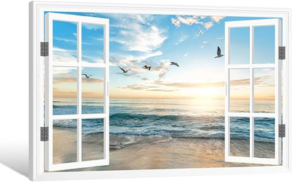Goldfoilart Ocean Beach Sunset Window Canvas Wall Art for Bedroom Seagull Seascape Paintings Coastal Picture Framed Artwork for Bathroom Living Room Office Decor 36" x 24"