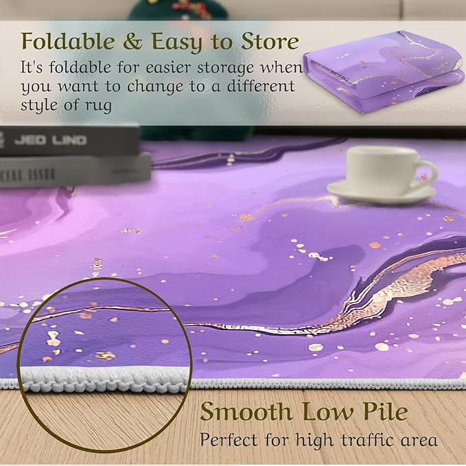Nordic Abstract Ink Splash Purple Golden Lines Area Rug, Purple Marble Art Large Rug, Machine Washable Breathable Durable Carpet for Room Sofa Living Room Mat Bedroom Decor Floor Mat,3 x 4ft