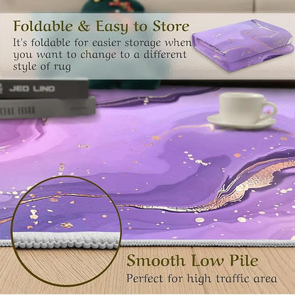 Nordic Abstract Ink Splash Purple Golden Lines Area Rug, Purple Marble Art Large Rug, Machine Washable Breathable Durable Carpet for Room Sofa Living Room Mat Bedroom Decor Floor Mat,6 x 8ft