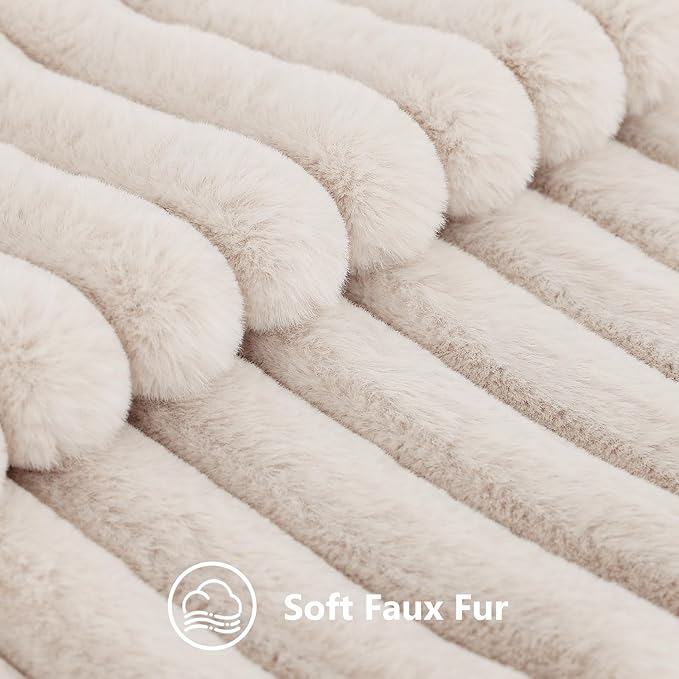 decorUhome Faux Fur Spring Throw Pillow Covers 22x22 Set of 2, Decorative Soft Plush Striped Neutral Couch Euro Sham Pillow Covers with Velvet Back for Sofa, Bed, Living Room Home, Beige