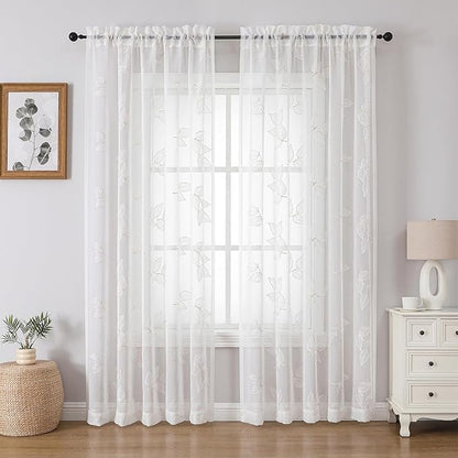 VISIONTEX Sheer Curtains 63 inch Length 2 Panels Set, Decorative Leaves Embroidery, Rod Pocket Embroidered Window Drapes for Living Room and Bedroom, 54" x 63"