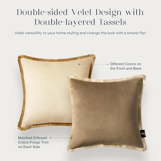 Phantoscope Pack of 2 Velvet Decorative Throw Pillow Covers, Double-Sided Tassel Trimmed Design, Soft Luxury Velvet Pillows Square Cushion Case for Couch Sofa Bed, Taupe, 18 x 18 inches 45 x 45 cm