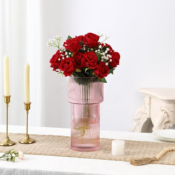 Large Pink Glass Vase, 12 Inches Tall Fluted Vase for Flowers, Modern Torch-Shaped Flower Vase with Ribbed Texture for Living Room, Dining Table, Office, Entryway, Mantle, Shelf, Wedding Gifts