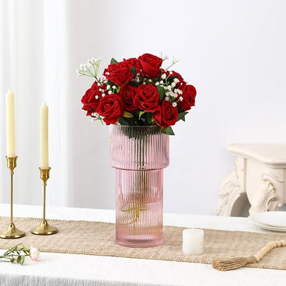 Large Pink Glass Vase, 12 Inches Tall Fluted Vase for Flowers, Modern Torch-Shaped Flower Vase with Ribbed Texture for Living Room, Dining Table, Office, Entryway, Mantle, Shelf, Wedding Gifts