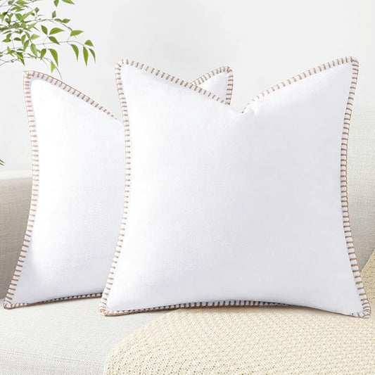 decorUhome Spring Chenille Soft Throw Pillow Covers 22x22 Set of 2, Farmhouse Velvet Neutral Decorative Euro Sham Pillow Covers with Stitched Edge for Couch Sofa Bed Home Decor, White