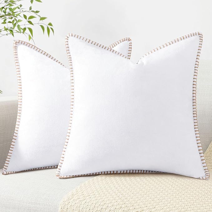 decorUhome Spring Chenille Soft Throw Pillow Covers 24x24 Set of 2, Farmhouse Velvet Neutral Decorative Euro Sham Pillow Covers with Stitched Edge for Couch Sofa Bed Home Decor, White