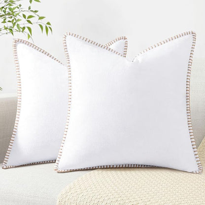 decorUhome Spring Chenille Soft Throw Pillow Covers 20x20 Set of 2, Farmhouse Velvet Neutral Decorative Pillow Covers with Stitched Edge for Couch Sofa Bed Home Decor, White