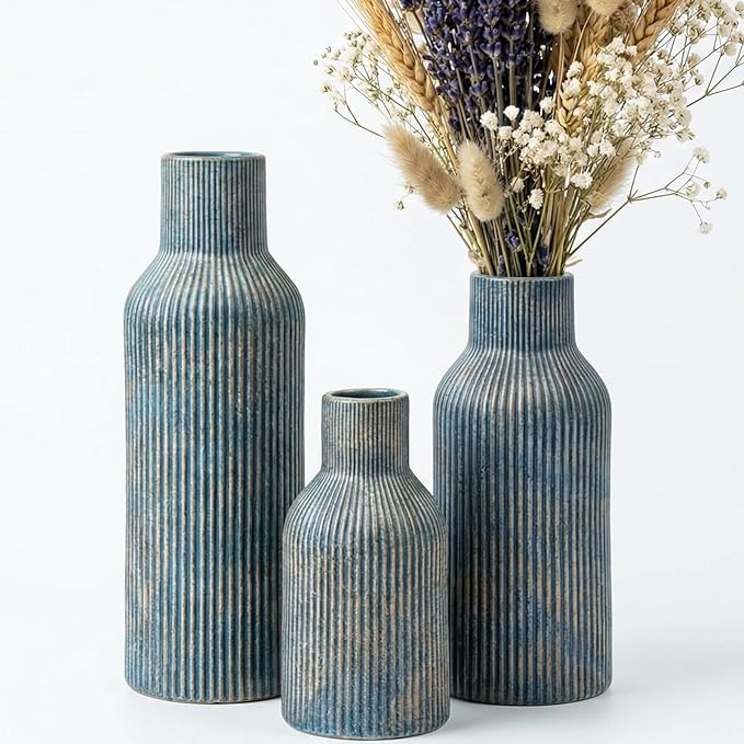 Ceramic Ribbed Vase Set of 3, Modern Farmhouse Decorative Vases in Vintage Blue, Assorted Sizes (5.9"/7.8"/9.8") for Pampas Grass, Living Room, Shelf and Table Centerpiece