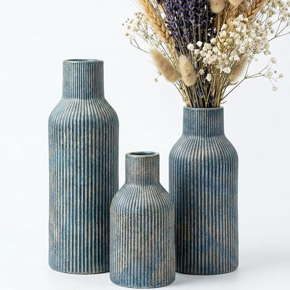 Ceramic Ribbed Vase Set of 3, Modern Farmhouse Decorative Vases in Vintage Blue, Assorted Sizes (5.9"/7.8"/9.8") for Pampas Grass, Living Room, Shelf and Table Centerpiece