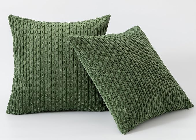 Kevin Textile Throw Pillow Covers Soft Corduroy Decorative Set of 2 Boho Striped Pillow Covers Pillowcases Farmhouse Home Decor for Couch Bed Sofa Living Room 18x18 Inch Moss Green