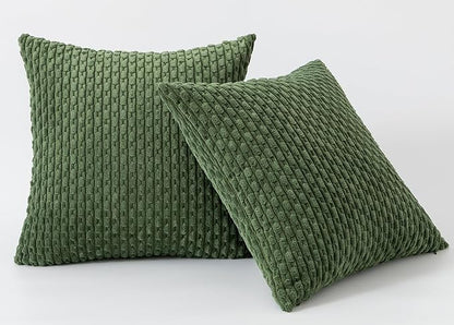 Kevin Textile Throw Pillow Covers Soft Corduroy Decorative Set of 2 Boho Striped Pillow Covers Pillowcases Farmhouse Home Decor for Couch Bed Sofa Living Room 18x18 Inch Moss Green