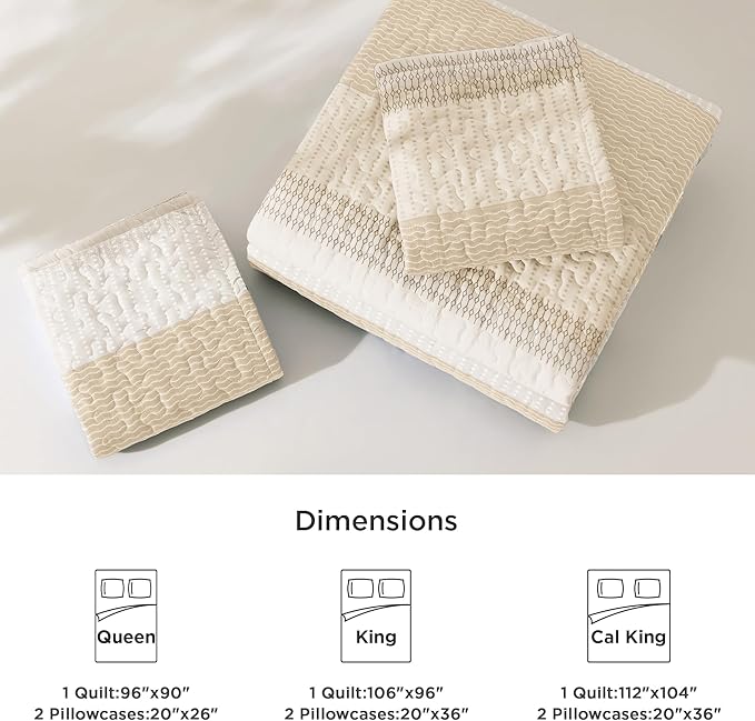 Litanika Quilt Queen Size Beige, Stripe Patchwork Summer Bedspread Coverlet 3 Pieces, Soft Lightweight Microfiber Quilted Bedding Set for All Season(1 Quilt, 2 Pillowcases)