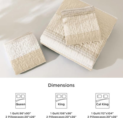 Litanika Quilt Queen Size Beige, Stripe Patchwork Summer Bedspread Coverlet 3 Pieces, Soft Lightweight Microfiber Quilted Bedding Set for All Season(1 Quilt, 2 Pillowcases)