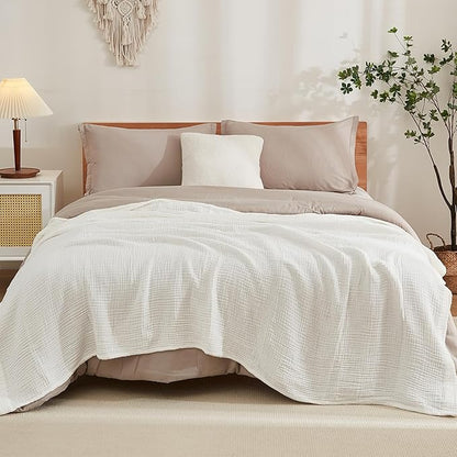 EMME Cotton Muslin King Blanket Big Oversized Bed Layering Bedspread Coverlet Breathable Gauze Soft Lightweight Blankets (White, 120"x94")