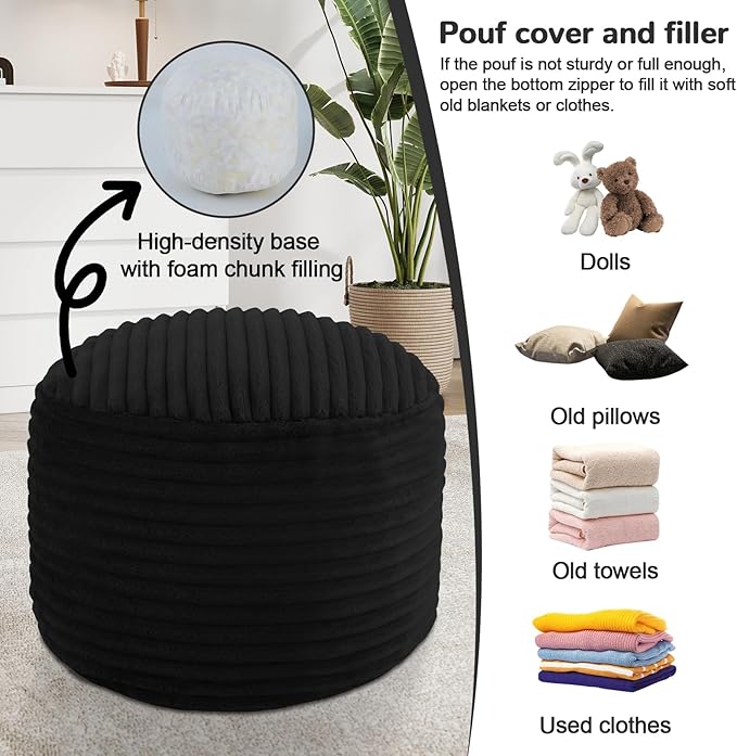 MeMoreCool Stuffed Round Pouf Ottoman Foot Rest, Soft Plush Floor Pouf Foot Stool, Corduray Footstool Footrest, Small Round Ottoman for Living Room Couch Sofa Chair, 20x15 Inch Black