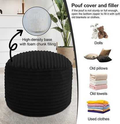 MeMoreCool Stuffed Round Pouf Ottoman Foot Rest, Soft Plush Floor Pouf Foot Stool, Corduray Footstool Footrest, Small Round Ottoman for Living Room Couch Sofa Chair, 20x15 Inch Black