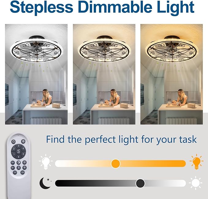 Rustic Black Caged Ceiling Fan with Light, Farmhouse Caged Ceiling Fan with Remote, LED Low Profile Ceiling Light for Bedroom Kitchen Living Room