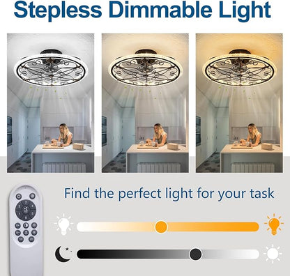Rustic Black Caged Ceiling Fan with Light, Farmhouse Caged Ceiling Fan with Remote, LED Low Profile Ceiling Light for Bedroom Kitchen Living Room