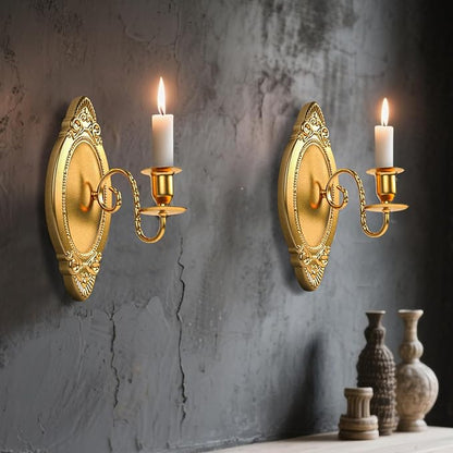 Gold Candle Sconces Set of Two, Brass Color Victorian Royal Wall Sconce, Metal Rustic Candle Holder Baroque Home Wall Decor for Living Room, Dining Room, Bedroom, Fireplace, Hallway, Window