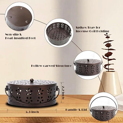 Mosquito Coil Holder 2 Pack Citronella Incense Coil Holder Outdoor Steel Round Mosquito Coil Burner Tray with Handle and Lid (Black/Bronze)