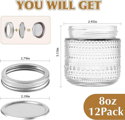 Mason Jars 8 Oz with Lids 12 Packs, Vintage Small Glass Canning Jars with Silver Metal Lids for Storing, Pickling, Honey, Jam, Home Decor, Candle and DIY Crafts