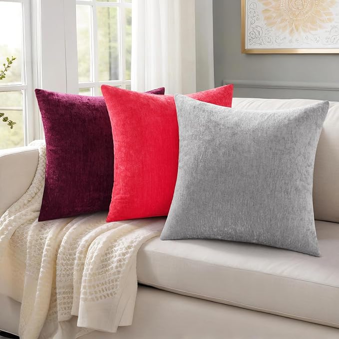 decorUhome Chenille Grey Spring Throw Pillow Covers 16x16 Inch Set of 2, Decorative Soft Couch Pillow Covers Solid Dyed Accent Farmhouse Neutral Square Pillow Cases for Sofa