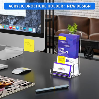 NIUBEE 2-Pack Acrylic Brochure Holder 4‘’ , Clear Brochure Display Stand with Acrylic Business Card Holder, Plastic Flyer Display Stand for Magazine, Pamphlet, Booklets, Menu, Journals, Business Card