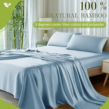 Shilucheng 100% Viscose Derived from Bamboo_ Sheets King Size 4pcs - Ultra Cooling & Silky Soft Bed Sheets, 16" Deep Pocket, Perfect for Hot Sleepers, Hotel Bedding Sheets (Teal Blue)
