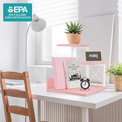 Jolitac Wood Desktop Shelf, Desktop Organizer Office Storage Rack Adjustable Wood Display Shelf 3 Tier Storage Display Rack Office Decor Stand Shelves with Metal Frame (Pink)