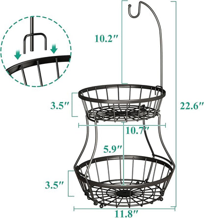 2-Tier Fruit Basket Bowl Stackable Vegetable Storage with Banana Tree Hanger Stand for Kitchen Countertop, Metal Wire Basket for Bread Onions Potatoes Black