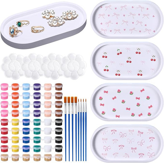 MotiMind 4 Set Ceramics to Paint Oval Jewelry Tray Ready to Paint Your Own Ceramic Ring Dish Holder DIY Unpainted Plaster Trinket Dish Paintable Tray Crafts with Brush Palette for Adults