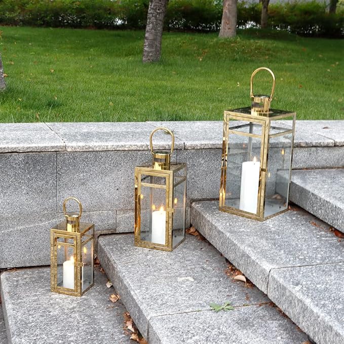 TRIROCKS Elegant Gold Stainless Steel Lantern Set- 3 Sizes (12", 15", 19") - Tempered Glass Panel Metal Lanterns for Versatile Indoor & Outdoor Decorating - Perfect for Celebrations
